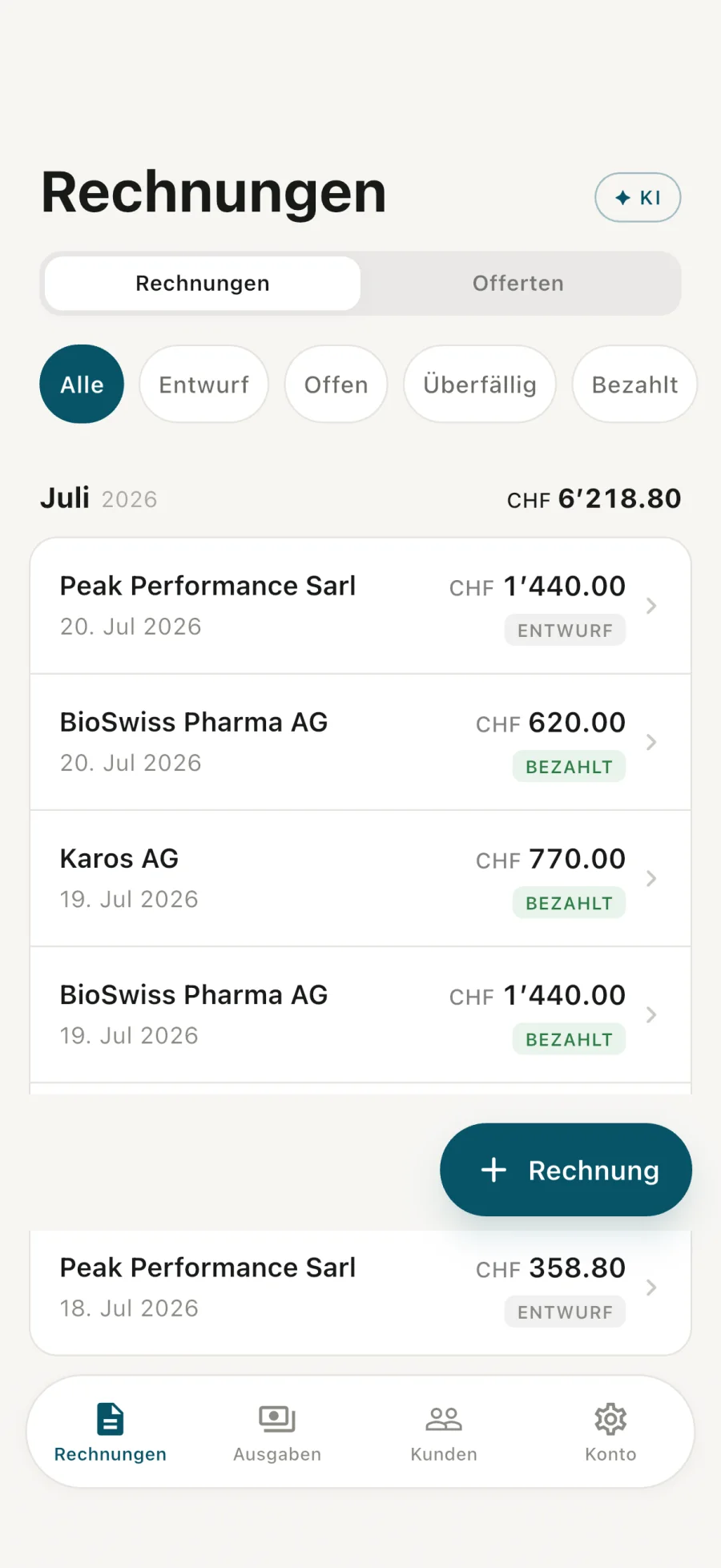Payvetia iOS-App: Rechnungsliste mit Status Offen und Bezahlt