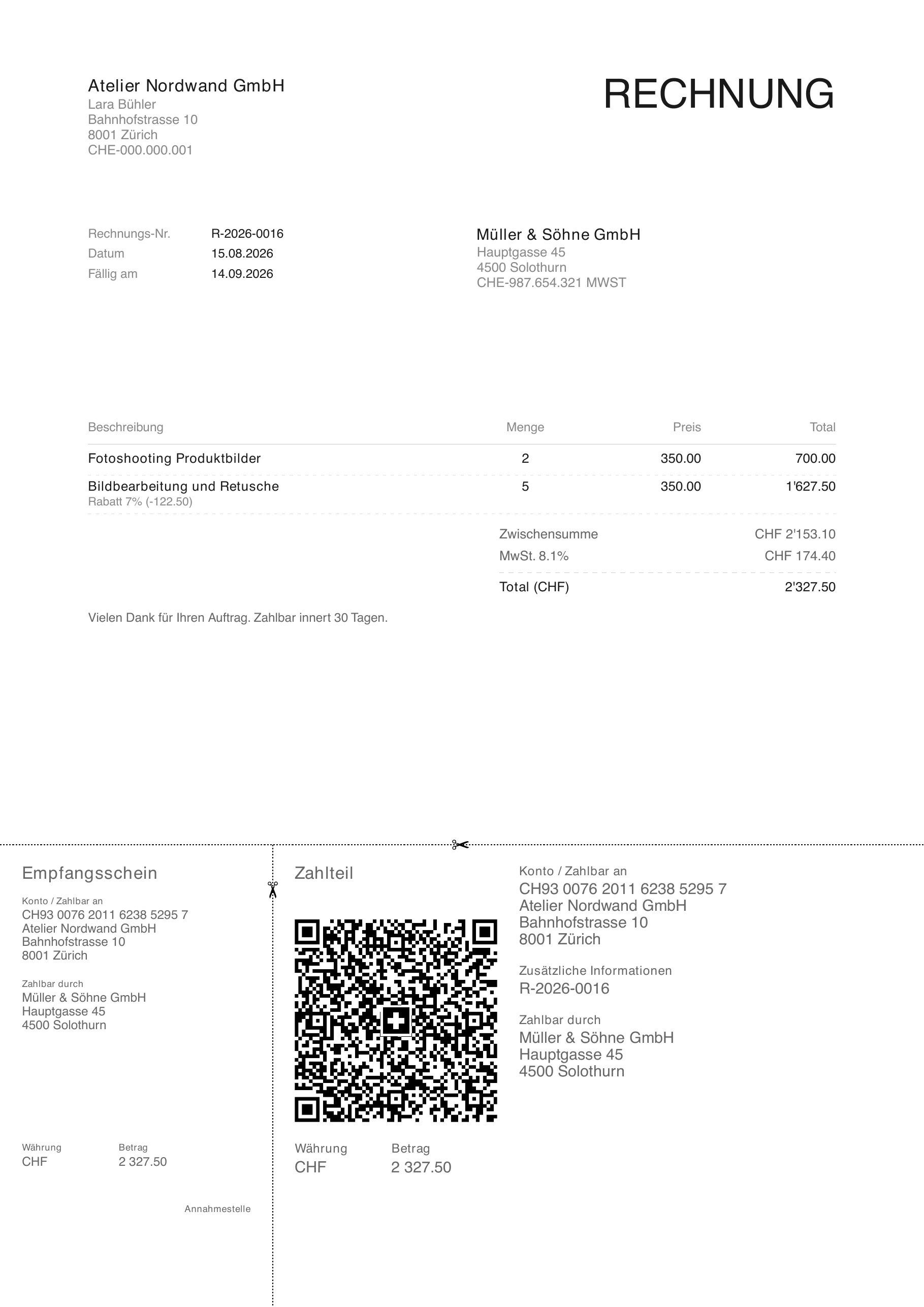 Rechnung als PDF aus Payvetia, die aus einer angenommenen Offerte entstanden ist: gleicher Kopf, gleiche Positionen, zusätzlich Zahlteil